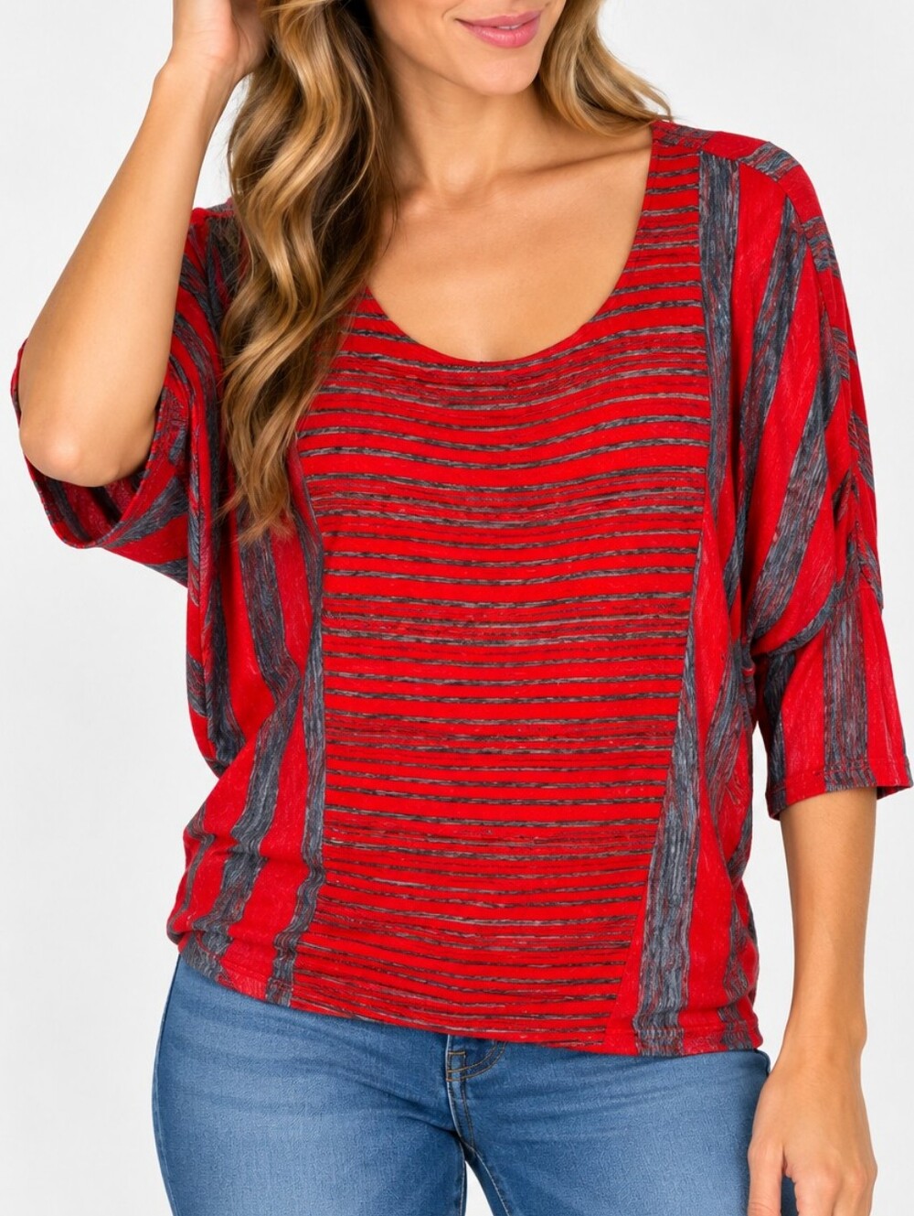 GINGER G | Women’s Red & Heather Gray Striped Dolman-Sleeve Top Size S